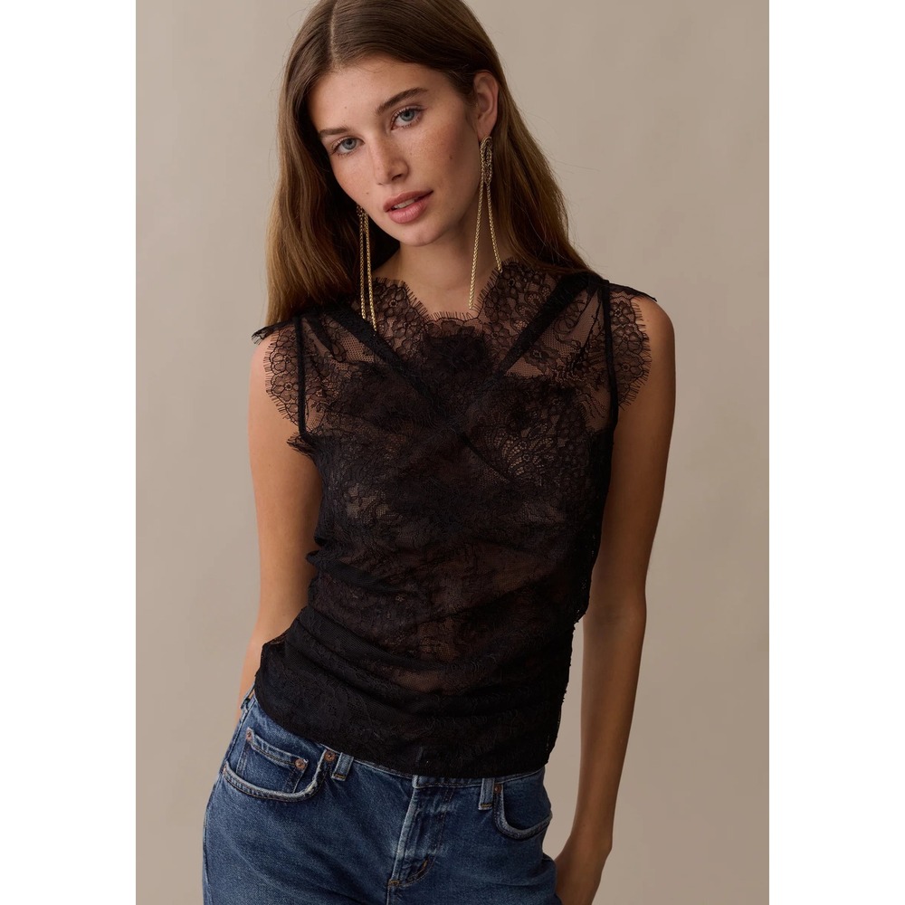 NWT o.p.t Clarissa Sheer Lace Top in Black - Size 2